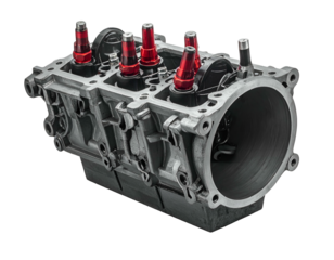Silver engine block with red components and black base