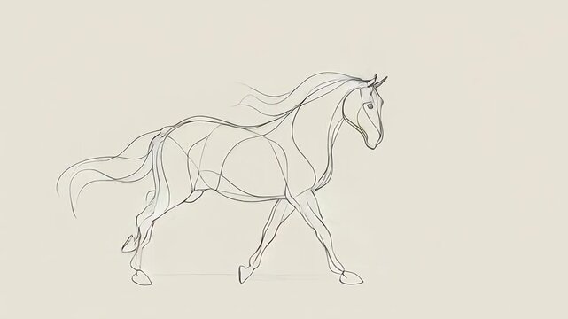 A horse is running in the air with its head up. The horse is drawn in a very stylized way. Single-line zodiac horse illustration, smooth flowing curves, modern minimal design, zodiac horse line art