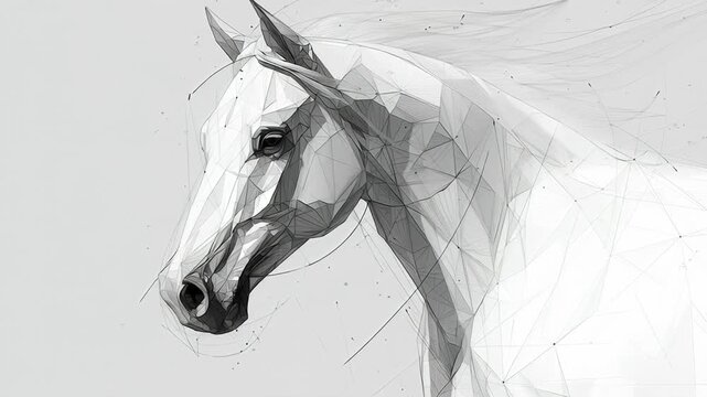 A stylized drawing of a horse's head in black and white. Single-shape zodiac horse artwork, subtle geometry, clean editorial aesthetic, minimal zodiac horse art