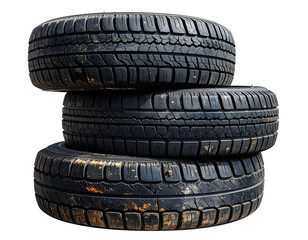 Stack of three worn black rubber vehicle tires with dirt