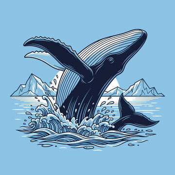 Humpback Whale Breaching Ocean Surface Illustration.