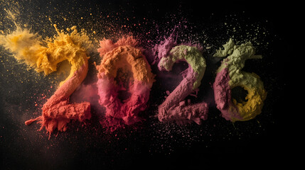 2026 New Year Number Made of Explosive Colorful Powder on Black Background