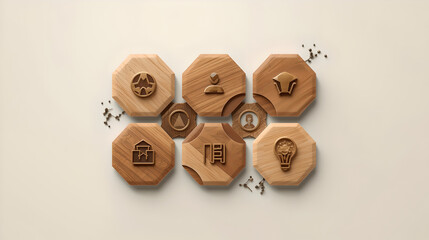 Group of 3D wooden hexagonal blocks with engraved business and idea icons.