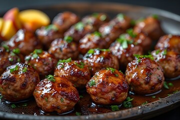 peach bourbon glazed meatballs on a plate