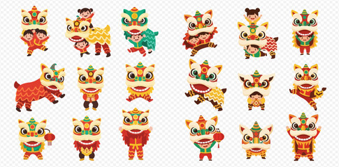 Fototapeta premium Chinese New Year Lion Dance Collection with Traditional Characters and Festive Costumes.