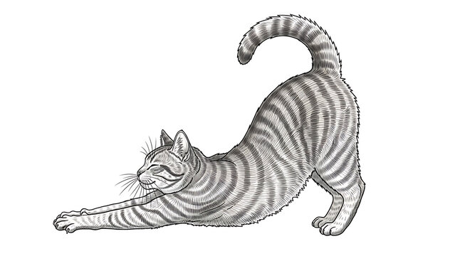 Striped cat stretching on the ground isolated on a transparent background