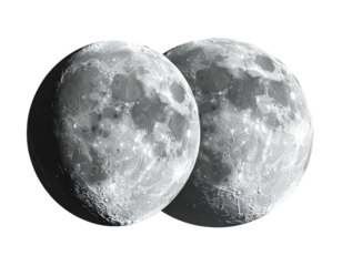 Two overlapping, textured moons in grayscale