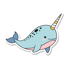 Cute cartoon narwhal sticker with a golden horn and blue body. © Haruka
