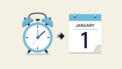 Conceptual illustration of an alarm clock transitioning to a January 1 calendar, symbolizing fresh starts, new year planning, goal setting, and the excitement of future endeavors