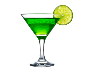 Vibrant green cocktail in a stemmed glass, garnished with lime