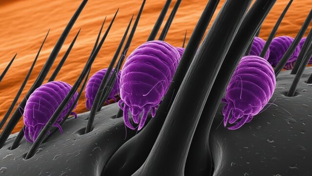 Demodex Folliculorum Mites On Human Hair Shaft Ion-Abrasion Scanning Electron Micrograph Representing Skin Microbiome