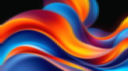 Abstract flowing waves of vibrant blue, orange, and red colors with a textured, dynamic pattern on a dark background.