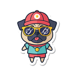 Cool Pug Dog Wearing Sunglasses and Hat Sticker Illustration.