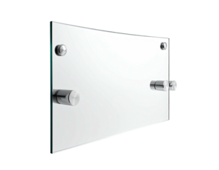 Curved glass panel attached by four metal cylinders