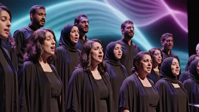 A choir of men and women singing on stage.