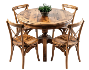 Rustic wooden dining set with cross-back chairs and plant