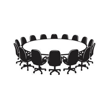 Round conference table and chairs vector sketch illustration. Black and white drawing of an empty boardroom meeting setup with office furniture isolated on white background.
