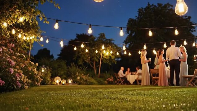 Outdoor evening party with string lights and people socializing in a garden.