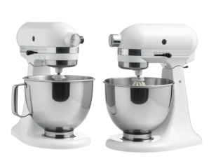 Two white stand mixers with stainless steel bowls