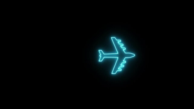 Glowing neon airplane icon looped animation on black background. Animated of neon plane icon animation. Flay icon concept, Travel on airplane location map.