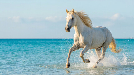Fototapeta premium Majestic white horse galloping through shallow turquoise ocean water on a sunny beach. Cinematic wildlife photography of a powerful animal in nature with ocean waves and clear blue sky.