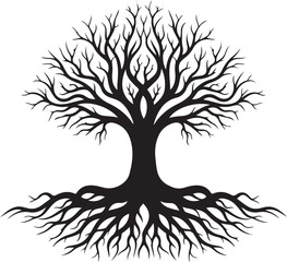 tree with roots, tree, vector, silhouette, leaf, nature, illustration, branch, plant, root, season, design, roots, black, forest, art, spring, wood, autumn, drawing, symbol, decoration, life, icon, gr