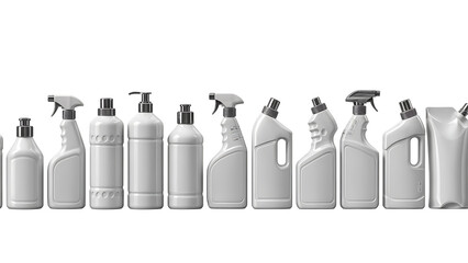 Assortment of Blank White Cleaning Sprays and Detergent Bottles