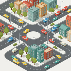 Isometric City Roundabout with Buildings and Cars.