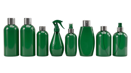 Collection of Green Cosmetic and Personal Care Bottles with Silver Caps