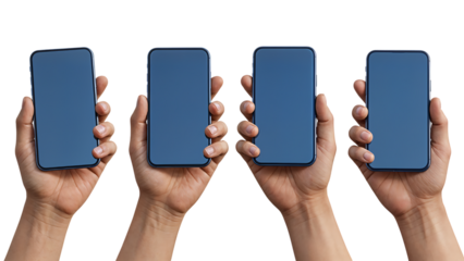 Multiple hands holding modern smartphones with blank screens