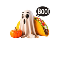 Whimsical Halloweenthemed illustration featuring a playful ghost and a colorful taco accompanied by a pumpkin isolated on a transparent background