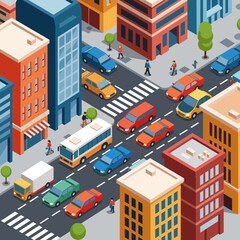 Isometric City Street with Cars and Buildings.