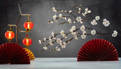 Asian inspired still life setup with decorative fans and lanterns on a dark background