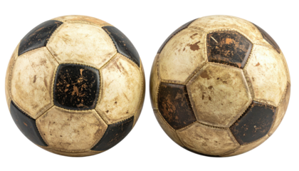 Pair vintage, worn soccer balls. Leather panels. Dirty