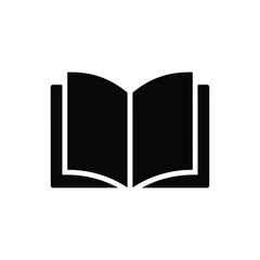 Open book icon in black, minimal education and reading symbol, flat solid design isolated on white background