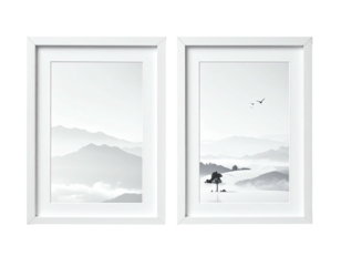 Framed mountain vistas, grayscale tones