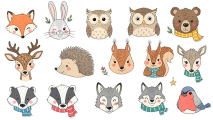 Cute cartoon animal face icon set collection