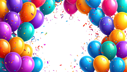 Festive balloons & confetti frame a dark, empty space