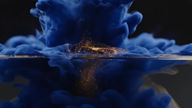 Blue ink cloud mixing with gold glitter particles in water on a black background