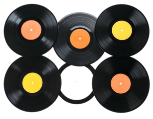 Six round black discs with colorful centers arranged on black