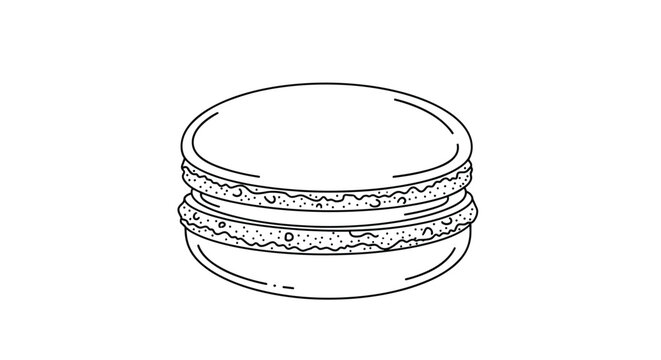 Detailed line art illustration of a single french macaron cookie with visible filling shown on a minimalist white background.