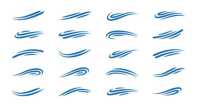 Collection of twenty blue abstract water splash or wind gust swooshes in a painterly style isolated on a plain white background.