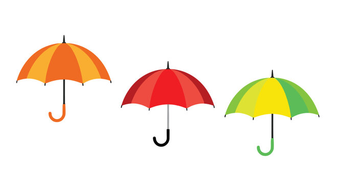 Three brightly colored umbrellas in orange, red, and yellow green shades arranged horizontally for weather concepts.