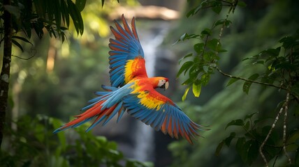 Vibrant macaw in flight