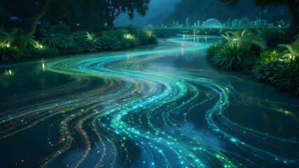 Magical forest stream illuminated by vibrant lights