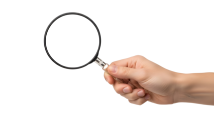 Male hand holding magnifying glass for research, investigation, inspection, and finding information concept. isolated PNG with Transparent Background