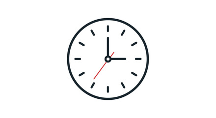 Simple and modern flat icon of a wall clock with black hands and a red second hand, indicating the time is three o'clock.