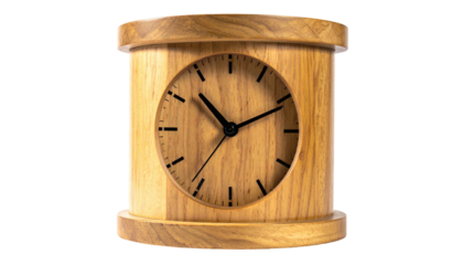 Wood clock. Cylindrical, analog face. Black hands show time