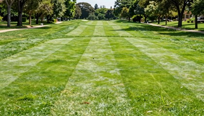 Vibrant Green Lawn Pathway Surrounded By Trees in a Peaceful Urban Park Setting