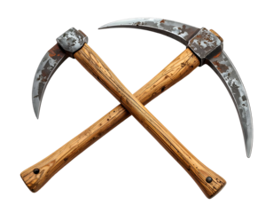 Two crossed, weathered pickaxes on a dark background